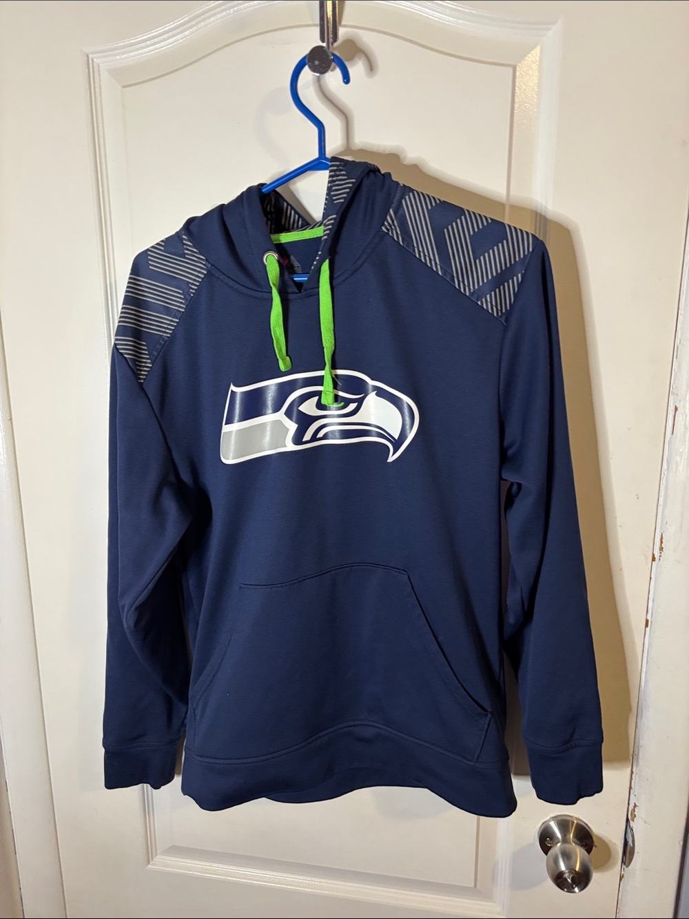 Majestic Navy Seahawks Pullover Hoodie with Neon Green Drawcords